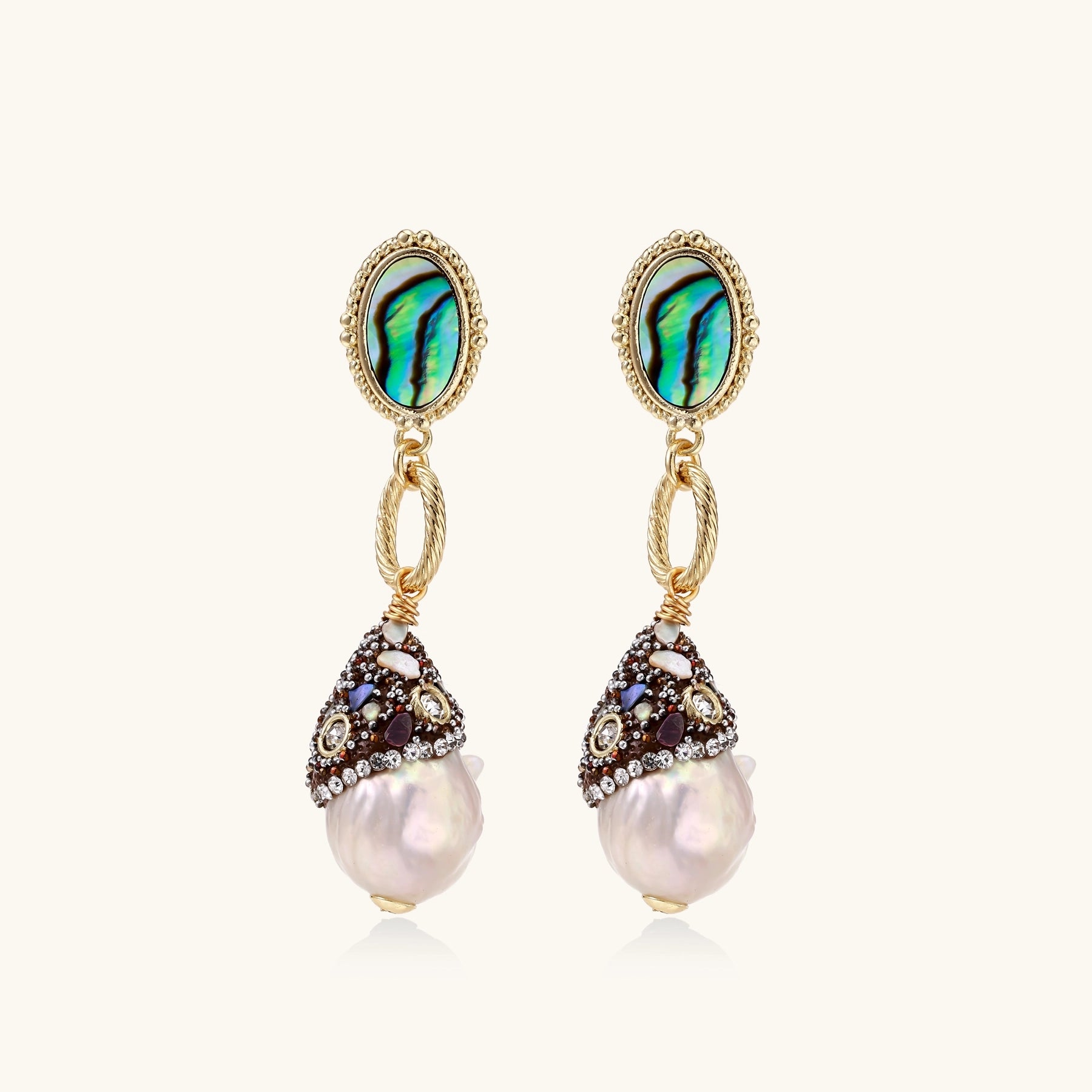 Gold-plated statement earrings with iridescent abalone shells, rope chain links, and crystal-capped baroque pearls