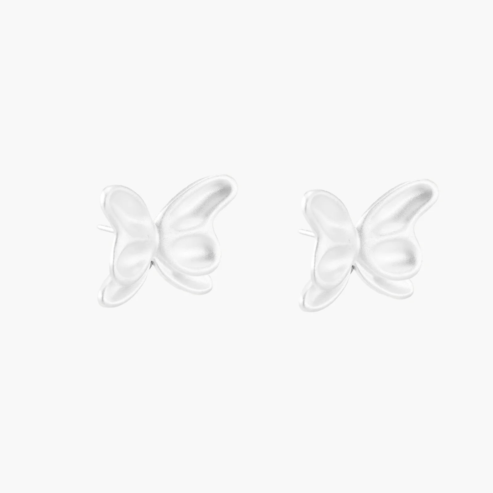 Pair of translucent butterfly-shaped stud earrings with frosted finish and dimensional wing details on white background