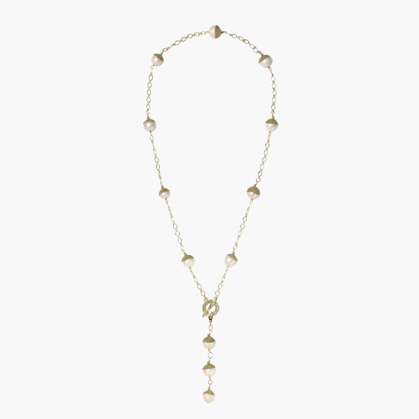 Gold-plated lariat necklace with baroque pearls and textured caps on cream background, showing adjustable Y-shaped design.